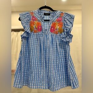 Blue Checkered Embroidered Top